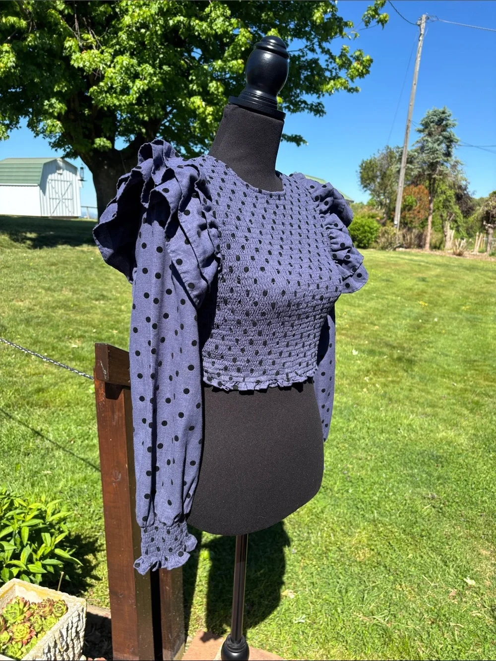 Zara Smocked Periwinkle Blue/Black Polka Dot Ruffle Sleeve Crop Top Small